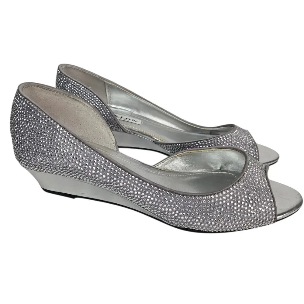Nina Rossie Gray Silver Rhinestone D'Orsay Wedges Size 6 Peep Toe Pumps